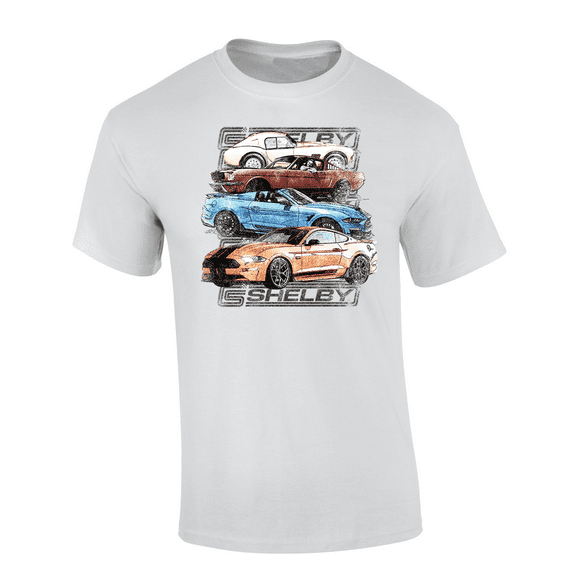 4 Iconic Mustang Models 1965-Present Shelby Cobra Mustangs Vintage Car Short Sleeve Adult Graphic T-Shirt-White-medium