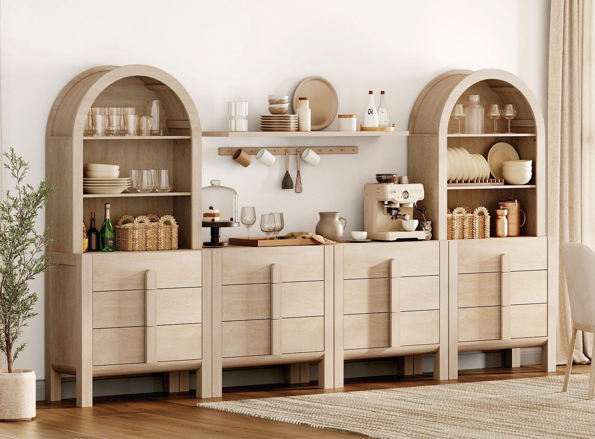 4-In-1 71"H Tall Kitchen Pantry Storage Cabinet,126"W Large Mid-Century Modern Sideboard Buffet Cabinet With 12 Drawers And Shelves For Kitchen