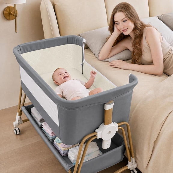 PRVAETU 4in1 Baby Bassinet,Basinet Bedside Sleeper for Babies,7 Height Adjustable,Wheels with Storage Basket,Breathable Mesh,Crib For Newborn,Grey
