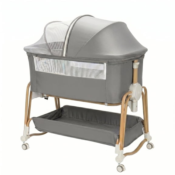 PRVAETU 4in1 Baby Bassinet,Basinet Bedside Sleeper for Babies,7 Height Adjustable,Wheels with Storage Basket,Breathable Mesh,Crib For Newborn,Grey