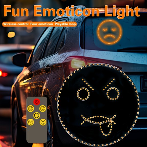 4-In-1 Car Smiley Face LED Light, Remote Control Mood Light, Traffic Signal Window Sticker, Car Ornament, Automotive Decoration, Without Battery