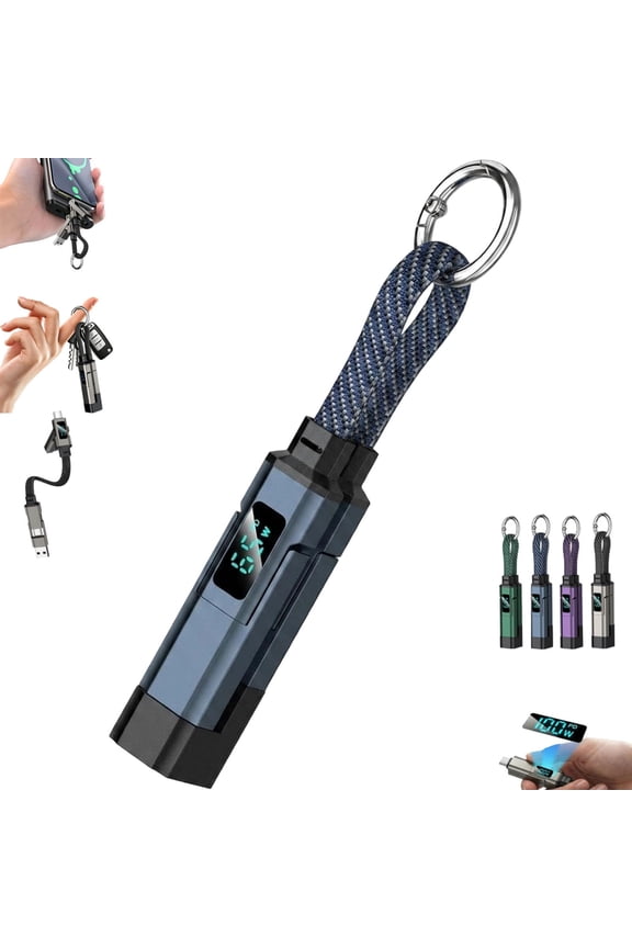 4-In-1 Digital Display Keychain Charging Cable,Portable USB Compact Fast Charge Key Ring for Phones & Tablets