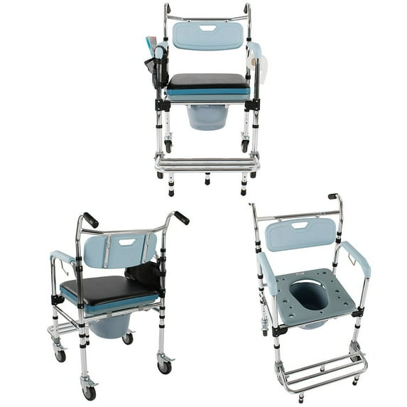 4 In 1 Folding Toilet Seat with Casters, Bedside Shower Chair Wheelchair, Adult Bathroom Chair with Bag Bucket