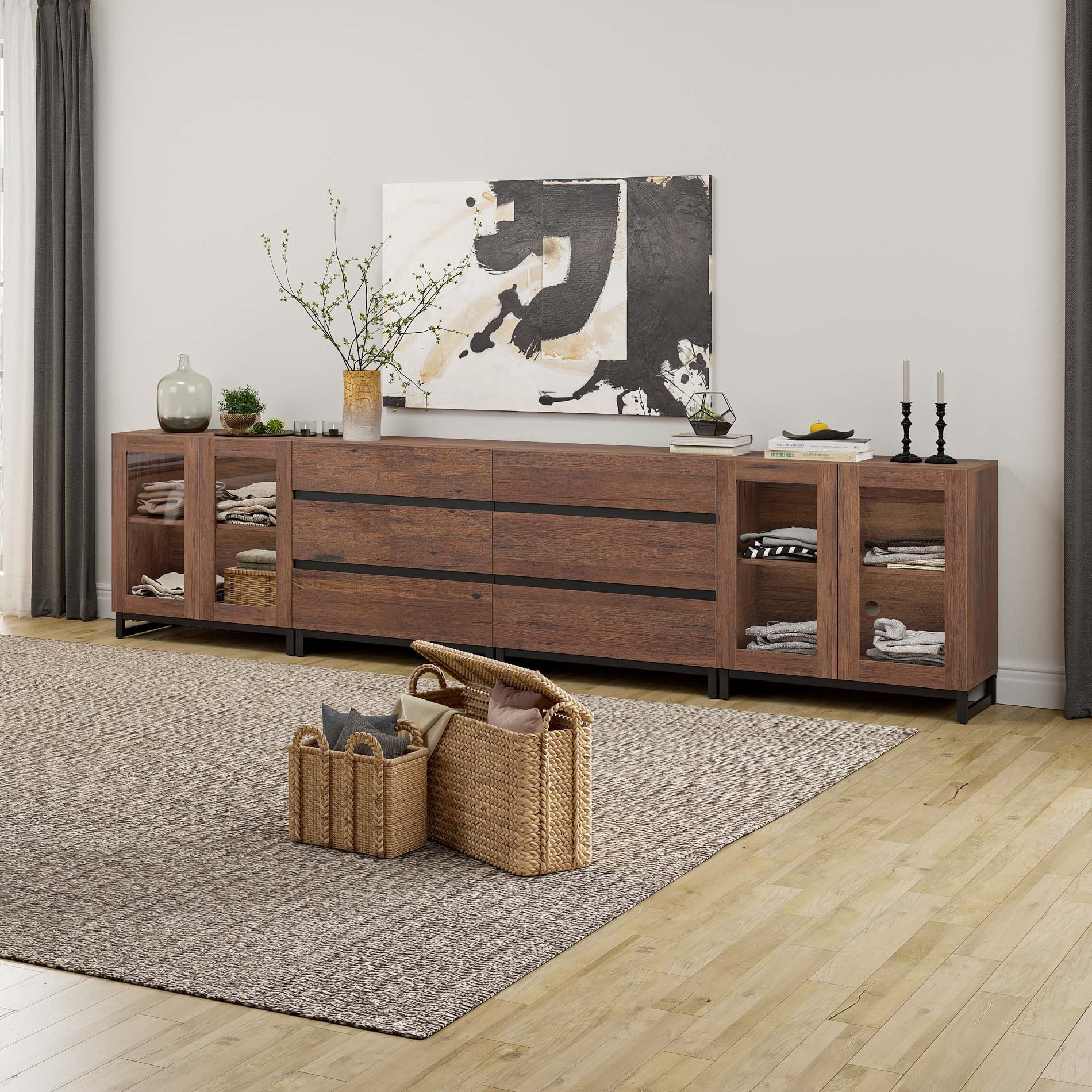 4 In 1 Multifunctional Chest of Drawers, Glass Door Dresser with 6 Drawers and Adjustable Shelves, Home Storage Cabinet Organizer for Bedroom,Brown