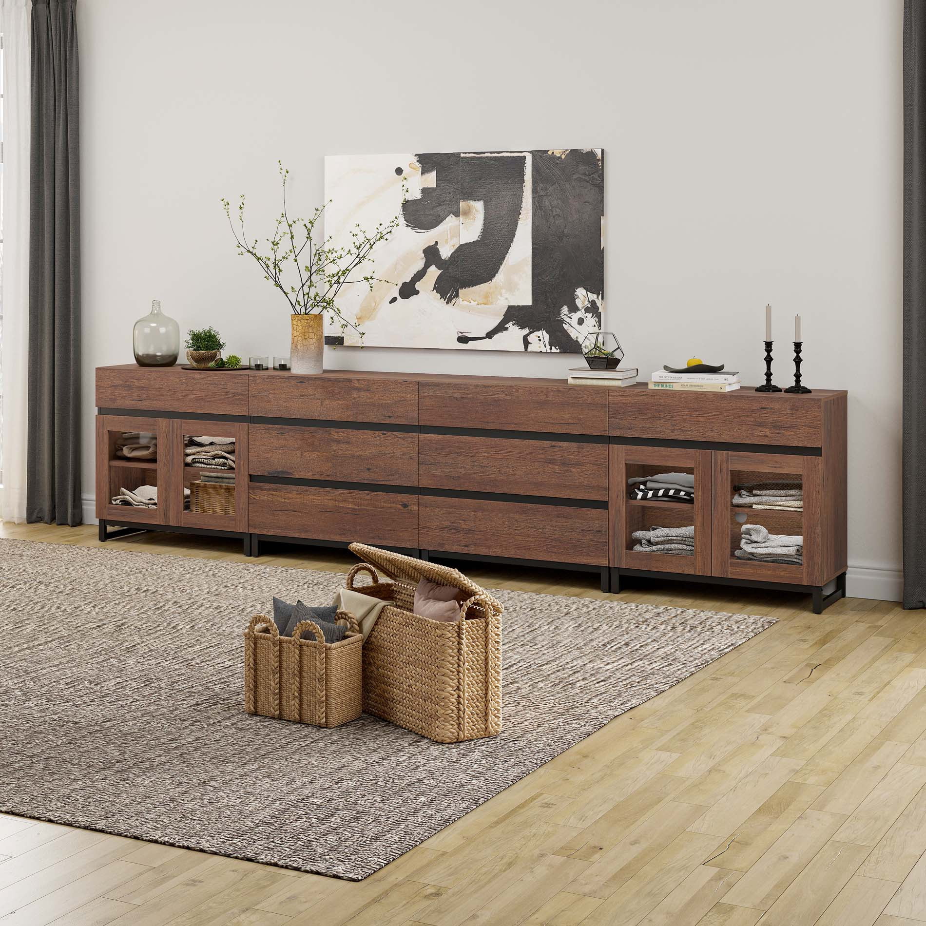 4 In 1 Multifunctional Chest of Drawers, Glass Door Dresser with 8 Drawers and Adjustable Shelves, Home Storage Cabinet Organizer for Bedroom,Brown