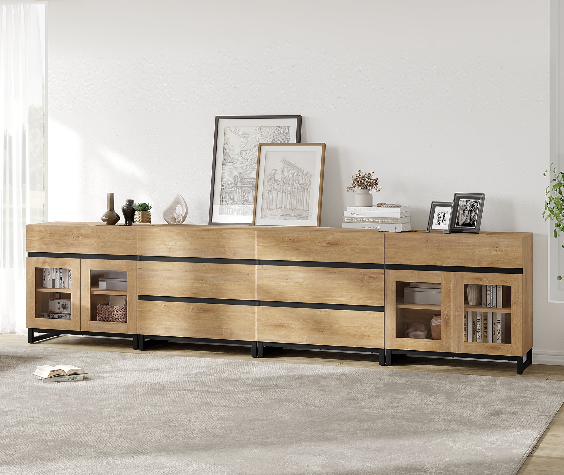 4 In 1 Multifunctional Chest of Drawers, Glass Door Dresser with 8 Drawers and Adjustable Shelves, Home Storage Cabinet Organizer for Bedroom,Oak