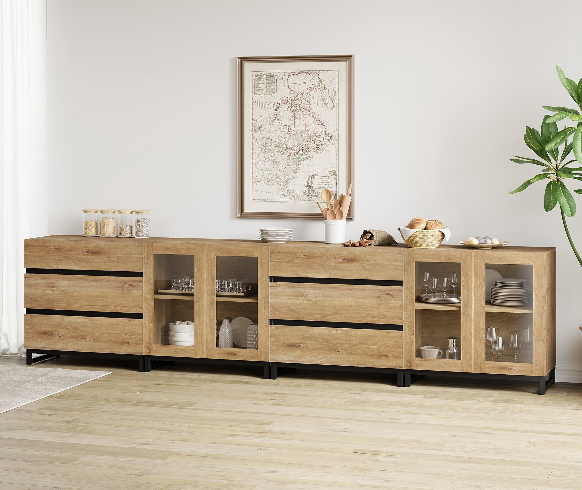 4-In-1 Multifunctional Sideboard Buffet with 6 Drawers, Modern Glass Door Credenza with Adjustable Shelf & Metal Base, Freestanding Coffee Bar Storage Cabinet for Kitchen Living Room,Oak