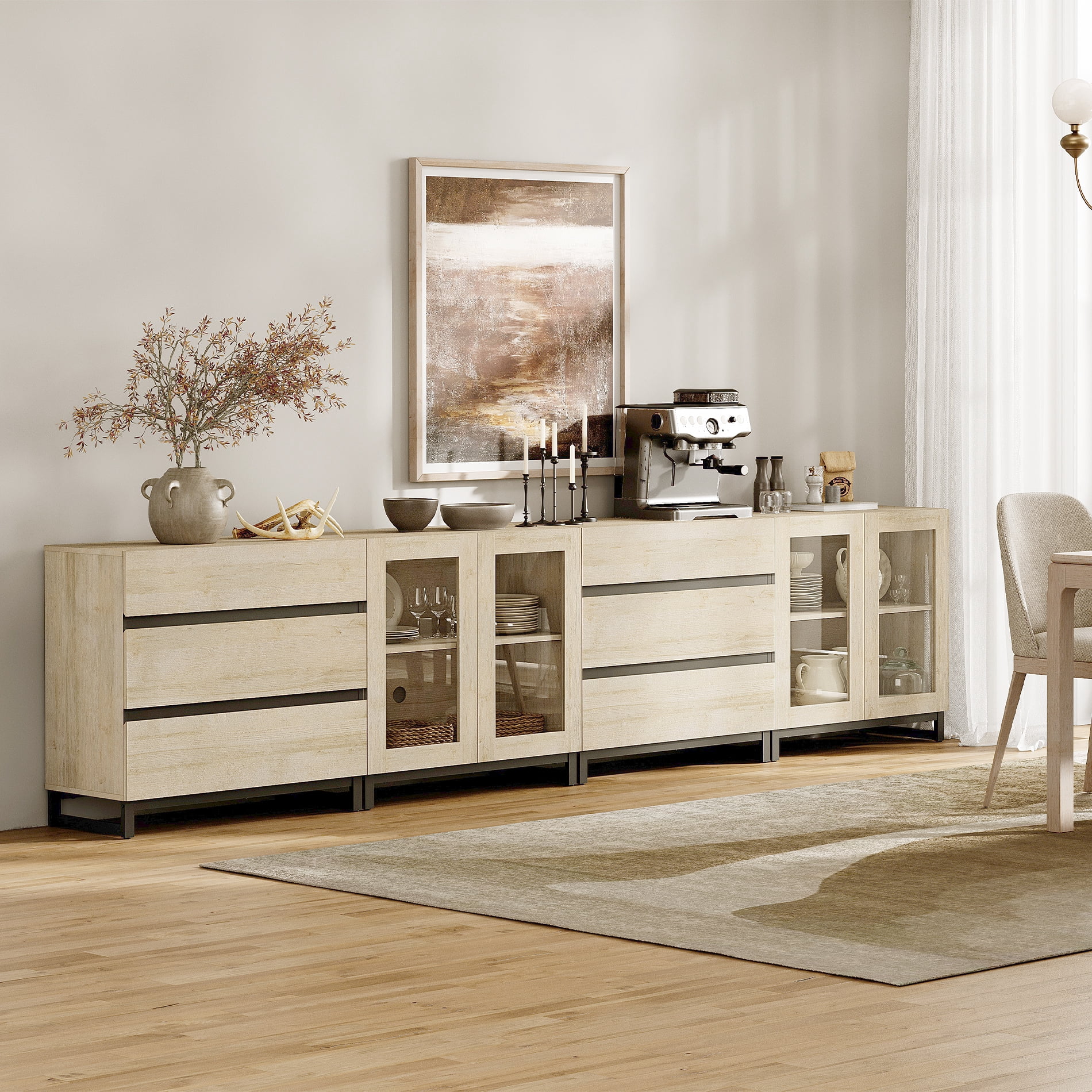 4-In-1 Multifunctional Sideboard Buffet with 6 Drawers, Modern Glass Door Credenza with Adjustable Shelf & Metal Base, Freestanding Coffee Bar Storage Cabinet for Kitchen Living Room,Beige