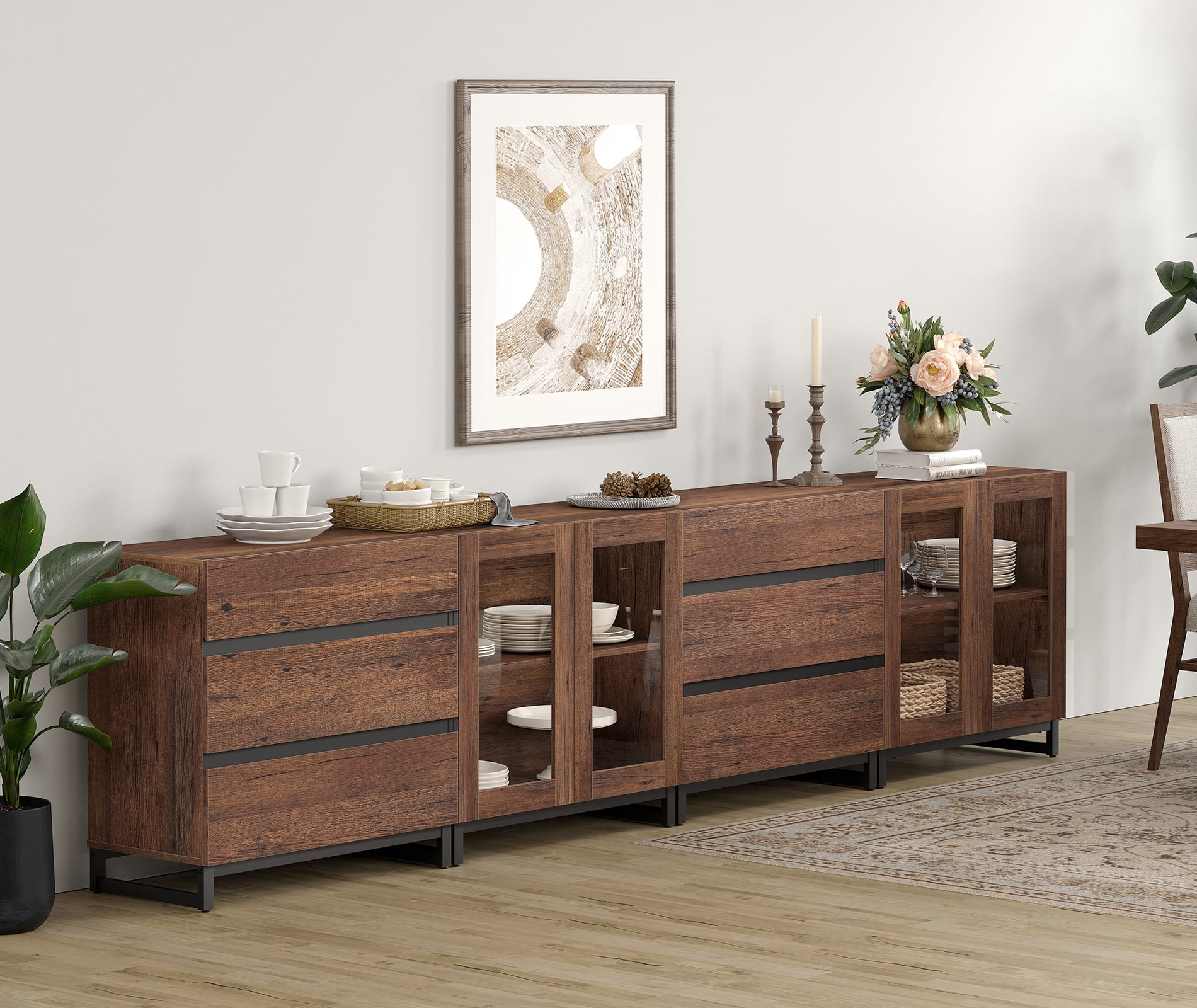 4-In-1 Multifunctional Sideboard Buffet with 6 Drawers, Modern Glass Door Credenza with Adjustable Shelf & Metal Base, Freestanding Coffee Bar Storage Cabinet for Kitchen Living Room,Brown