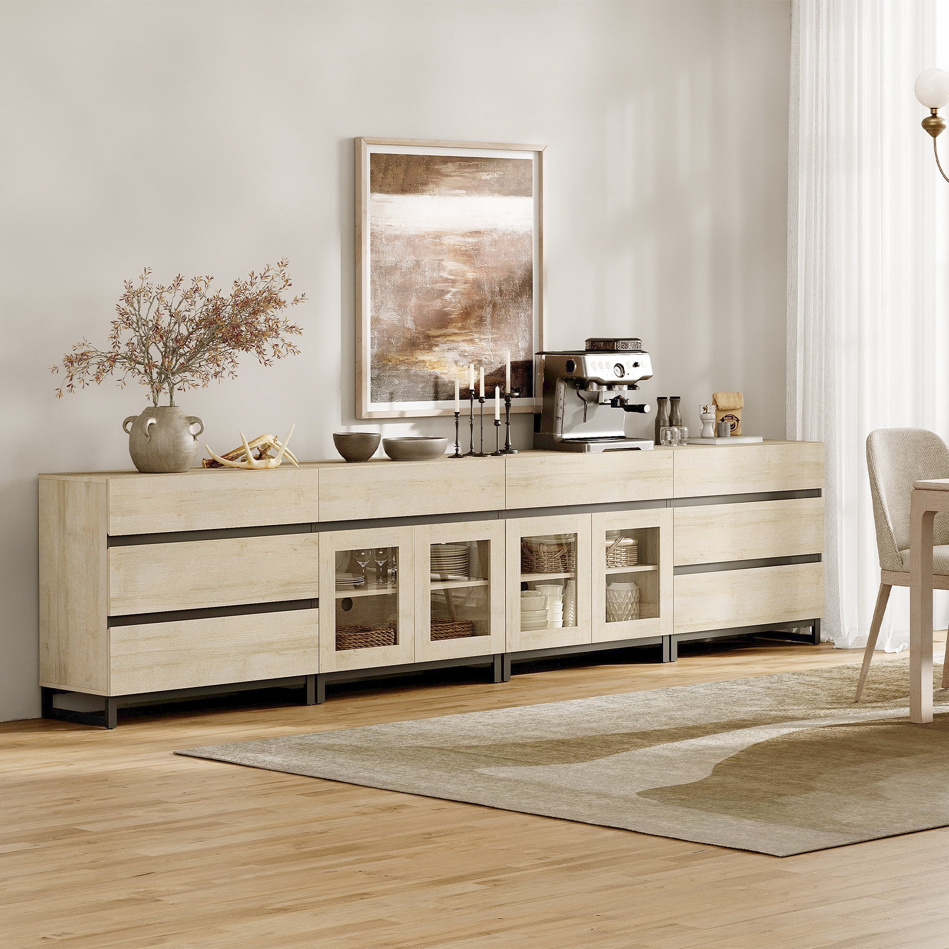 4-In-1 Multifunctional Sideboard Buffet with 8 Drawers, Modern Glass Door Credenza with Adjustable Shelf & Metal Base, Freestanding Storage Cabinet for Kitchen Living Room​,Beige