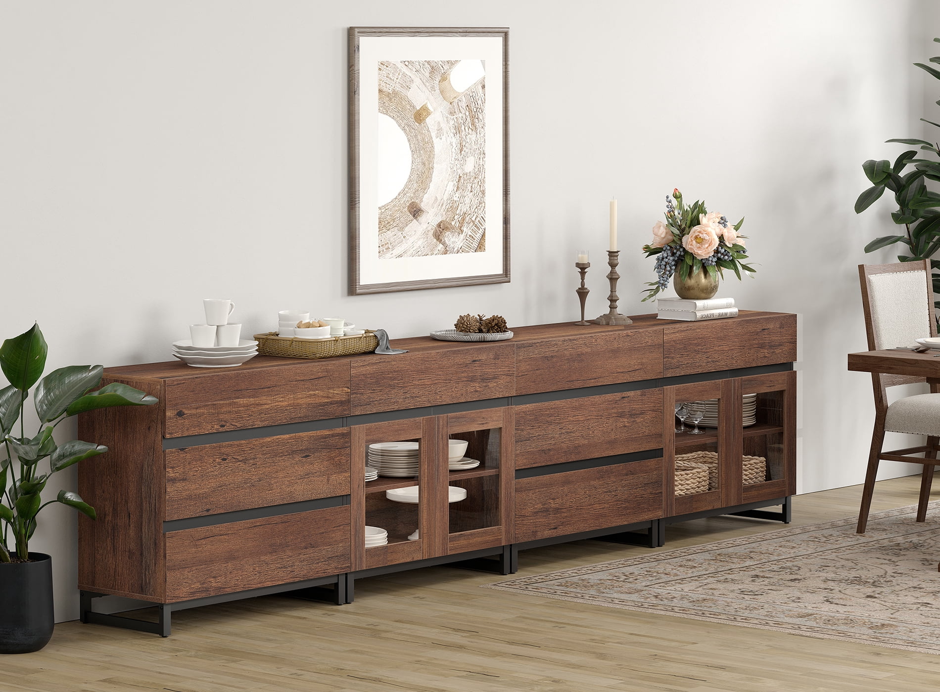 4-In-1 Multifunctional Sideboard Buffet with 8 Drawers, Modern Glass Door Credenza with Adjustable Shelf & Metal Base, Freestanding Storage Cabinet for Kitchen Living Room​,Brown