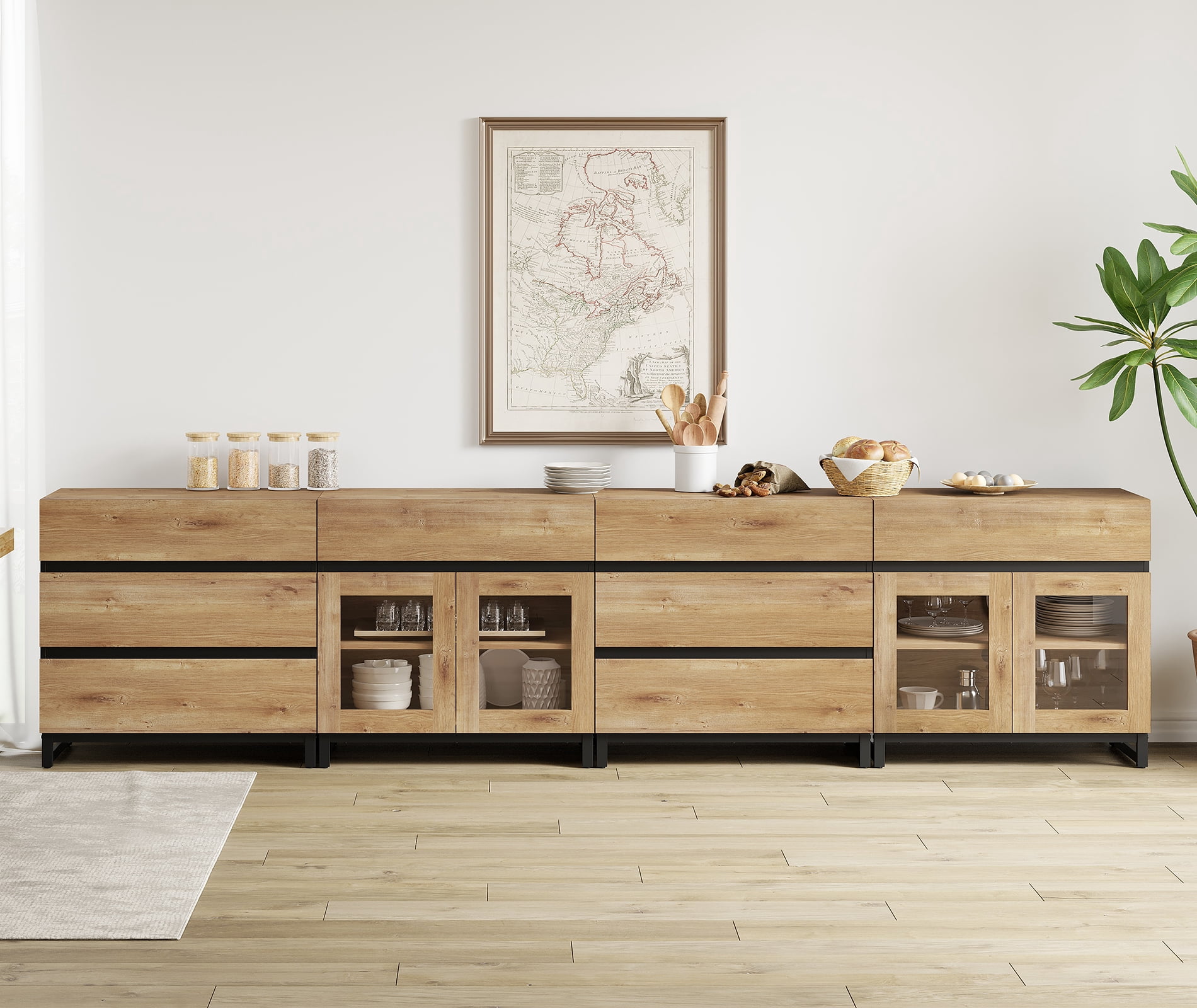 4-In-1 Multifunctional Sideboard Buffet with 8 Drawers, Modern Glass Door Credenza with Adjustable Shelf & Metal Base, Freestanding Storage Cabinet for Kitchen Living Room​,Oak