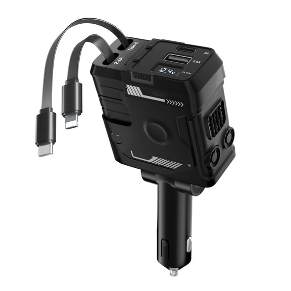 4-In-1 Retractable Car Charger with 2 Auto-Rewind Cables (Type-C & Ios) and 2 Extra Ports (Usb-C & Usb-A) for Simultaneous Multi-Device Charging, 66W Fast Charging with Real-Time Voltage Display To