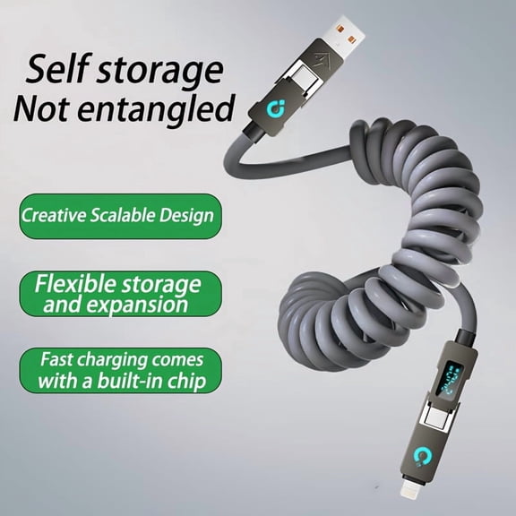 4-In-1 Retractable Fast Charging Cable 240W, 78.74inch Stretchable USB C Multi Charger Cord with LED Display, for Iphone 17/16/15/14/13 Samsung Android Laptop