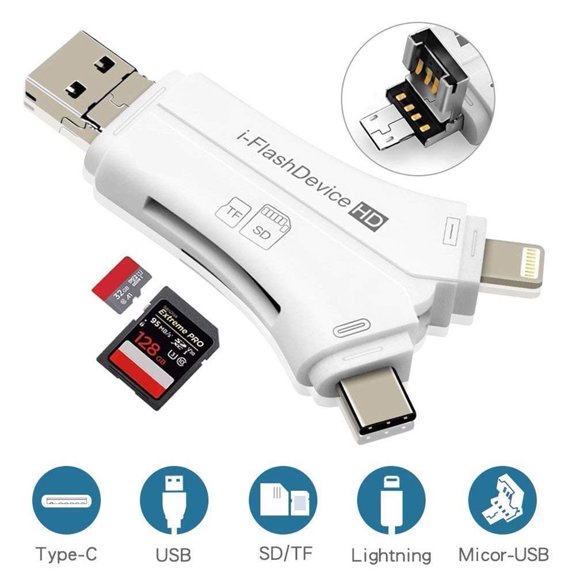 4 In 1 SD Card Reader IOS/Micro USB/USB Type-c/USB for IOS & Android Smartphone Tablet, SD & Micro SD, PC