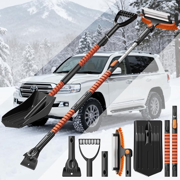 4-In-1 Snow Brush and Ice Scraper for Car Windshield, 55'' Extendable Snow Shovel with Squeegee, Foam Grip, 180 Pivoting Brush Head for Cars, Trucks, SUV