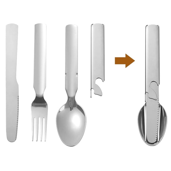 4-In-1 Stainless Steel Portable Travel Cutlery Set with Built-In Bottle Opener, Compact Rust Resistant Dining Utensils for Camping, Office and Outdoor & Travel Adventures