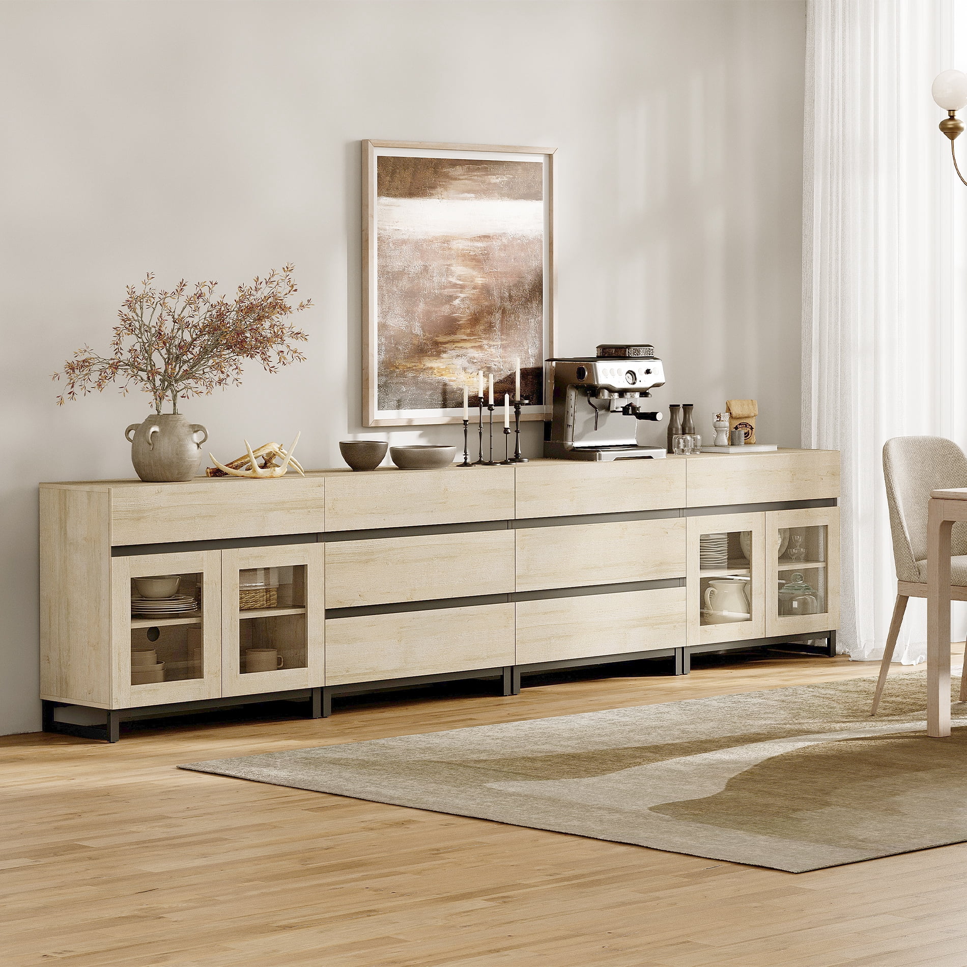 4-In-1 Storage Sideboard with Glass Doors, 8 Drawers and Adjustable Shelf, Sturdy Metal Base Buffet Cabinet for Kitchen Living Room,Beige