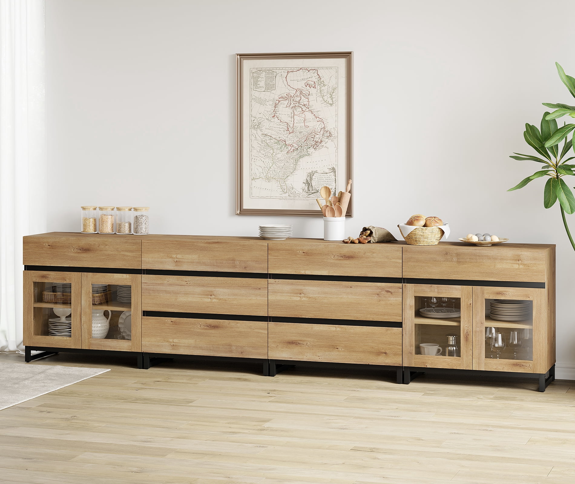 4-In-1 Storage Sideboard with Glass Doors, 8 Drawers and Adjustable Shelf, Sturdy Metal Base Buffet Cabinet for Kitchen Living Room,Oak