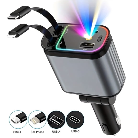 4-In-1 Super Fast Retractable Car Charger with Star Projector Night Light, Car Atmosphere Light, Fast Car Charger for Iphone 15/14/13/12/11 And for Android (Dark Grey) Car