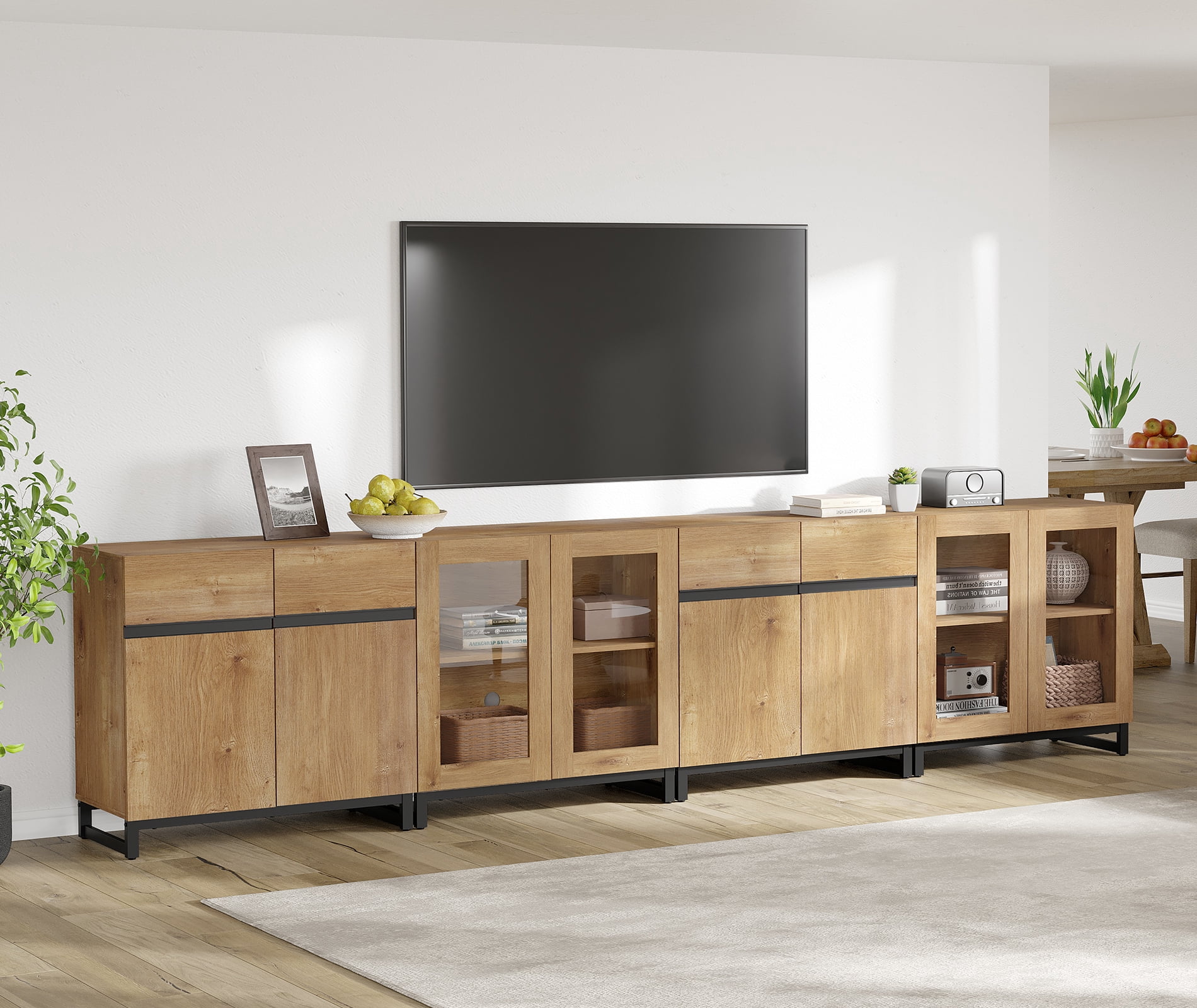 4 In 1 TV Stand For Tvs Up To 120 Inches, Modern Entertainment Center With Glass Doors And Metal Legs, TV Console With Adjustable Shelf,Oak