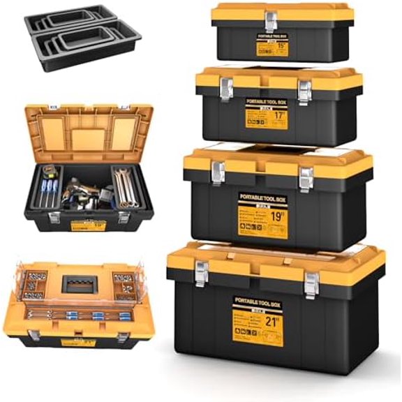 4-In-1 Tool Box Set,Toolbox with 8 Removable Trays,Top with Transparent Parts Box,15 IN!7 IN!9 IN@1 IN,Portable Tool Box with Metal Buckle,for Garage Tool Storage,Home DIY and Professional Work