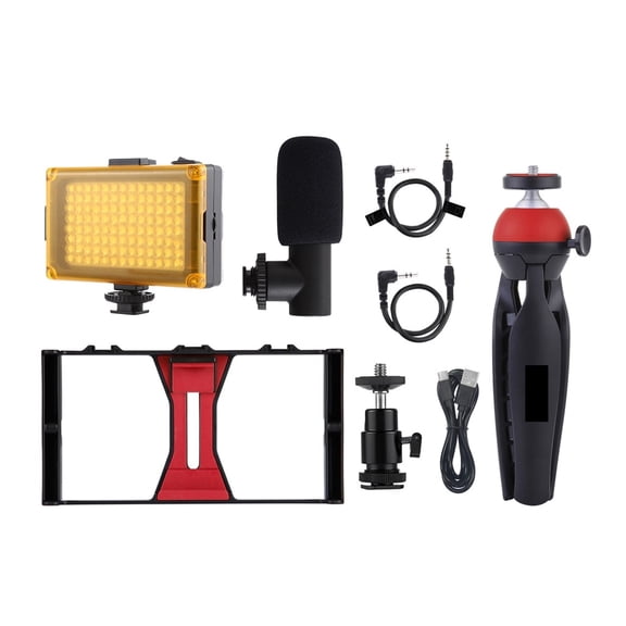 4 In 1 Vlogging Live Broadcast Smartphone Video Rig +104 LEDs Studio Light & Microphone+Tripod Mount+Cold Shoe Tripod Head ,Easy to Use