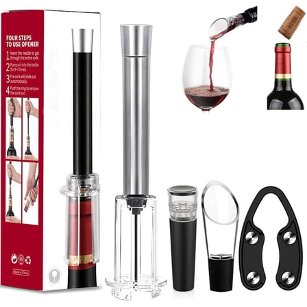 4-In-1 Wino On the Go Set, with Air Pressure Pump, Foil Cutter, Wine Pourer & Vacuum Stopper, Efficient Corkscrew Bottle Opener for Home Bar, Great for Wine Lovers (A)