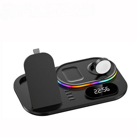 4-in-1 Wireless Charger Stand with Light for Smartphones Smartwatches & Earbuds, Fast Charging Dock Station-Black-for iPhone