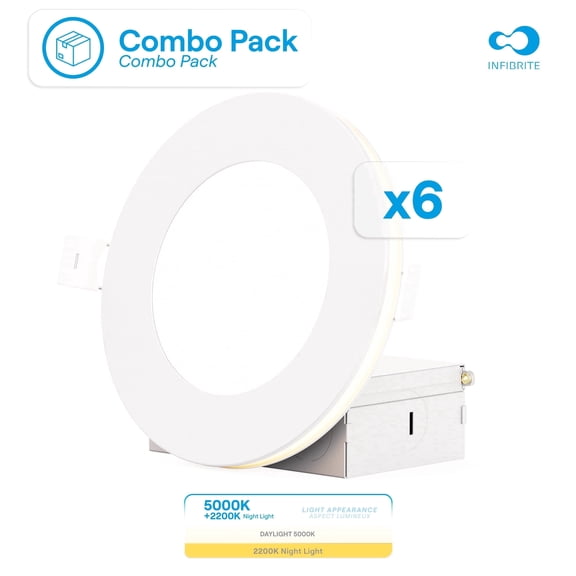 Infibrite 4” LED Light Fixture with Night Light, Dimmable Slim Ceiling Recessed Downlight, Bright White, 6 Pack