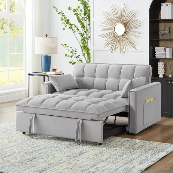 4 In1 Loveseat Sofa Bed with Armrests & Storage Pockets, Multi-Function Tufted Pull-Out Sofa Bed with Adjustable Backrest and Pillows, Convertible Loveseat Sofa Couch (Grey)