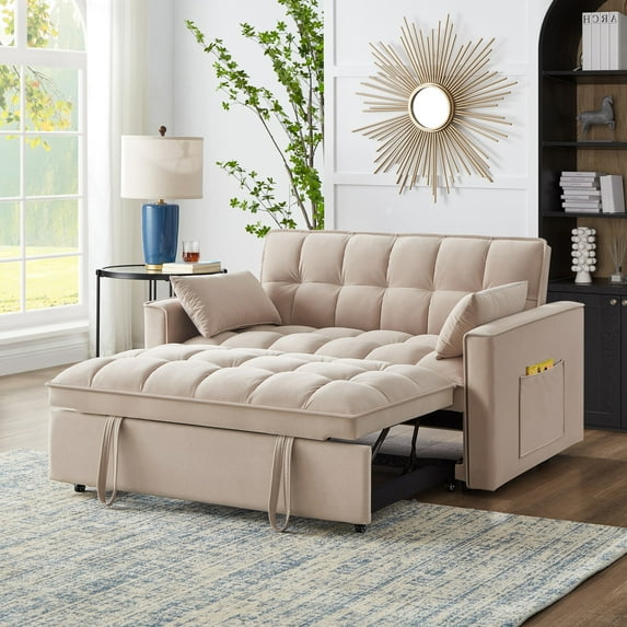 4 In1 Loveseat Sofa Bed with Armrests & Storage Pockets, Multi-Function Tufted Pull-Out Sofa Bed with Adjustable Backrest and Pillows, Convertible Loveseat Sofa Couch (Brown)
