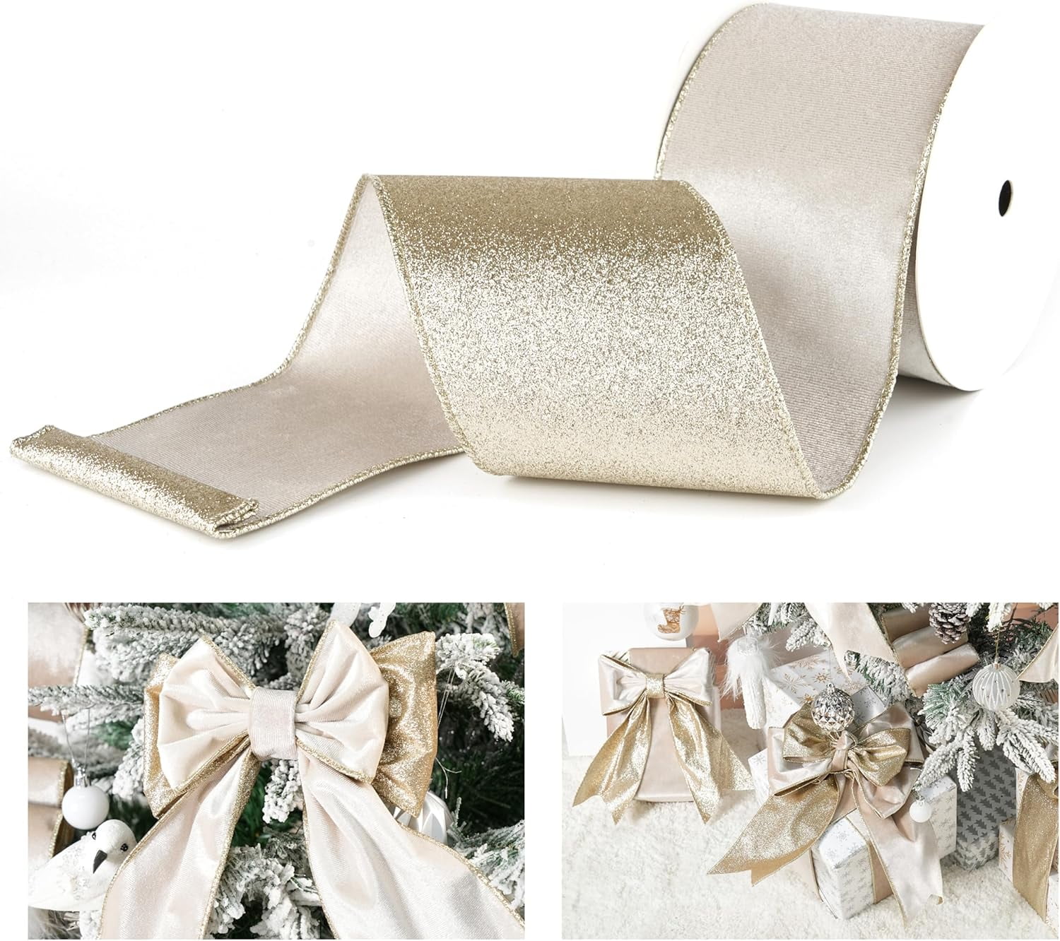 Champagne Velvet Wired Ribbon with Glitter Back 4 Inch Ivory and Gold Christmas for Tree Decorations, Gift Wrapping, Mantel, Wreaths Supplies, Topper Bows (10 Yards) 4"