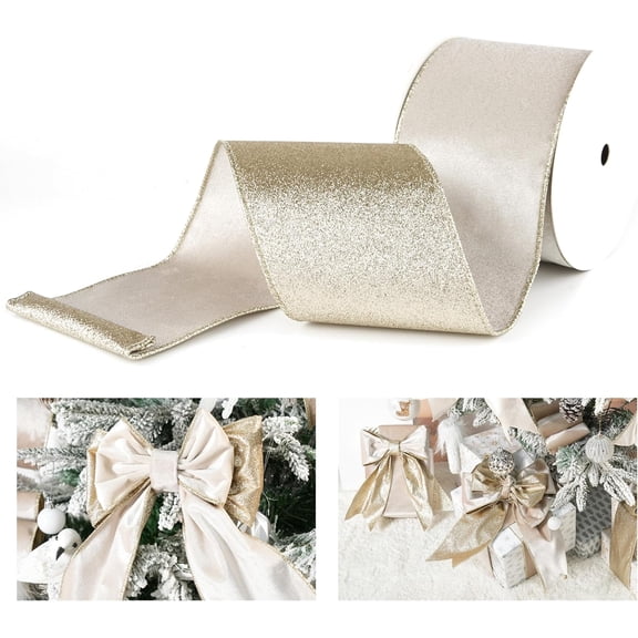Champagne Velvet Wired Ribbon with Glitter Back 4 Inch Ivory and Gold Christmas for Tree Decorations, Gift Wrapping, Mantel, Wreaths Supplies, Topper Bows (10 Yards) 4"