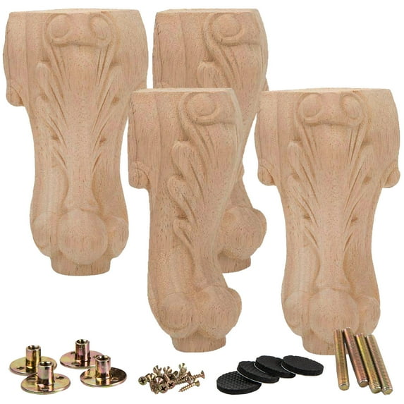 4 Inch / 10 cm Wooden Furniture Legs, LAVANE Set of 4 European Style Solid Wood Carved Unfinished Replacement Feet for DIY Cabinet Sofa Couch Ottoman TV Stand Wardrobe Dresser Loveseat