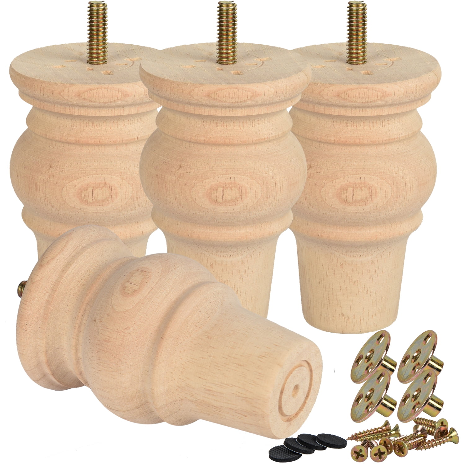 4 Inch Unfinished Eucalyptus Wooden Bun Feet Furniture Legs Set of 4