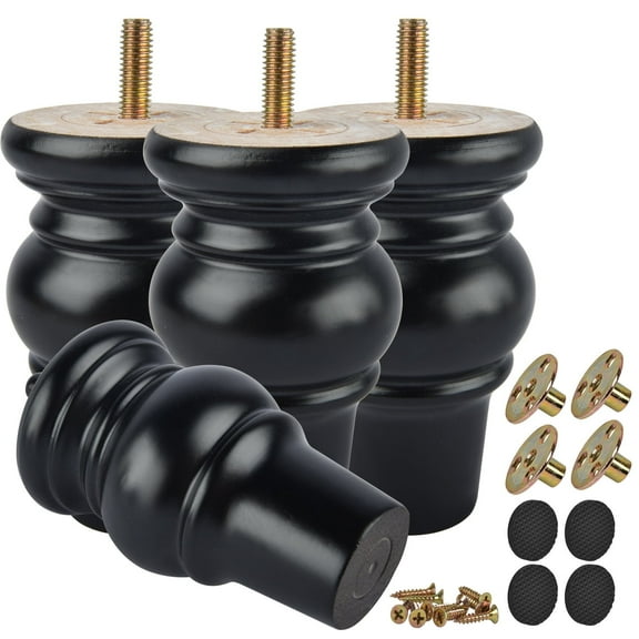 4 Inch / 10 cm Wooden Furniture Legs,TCHOSUZ Bun Feet with 5/16 inch Bolt,Modern Mid-Century Sofa Couch Feet Furniture Replacement Legs for DIY Cabinet Cupboard Chair Ottoman Set of 4 Black