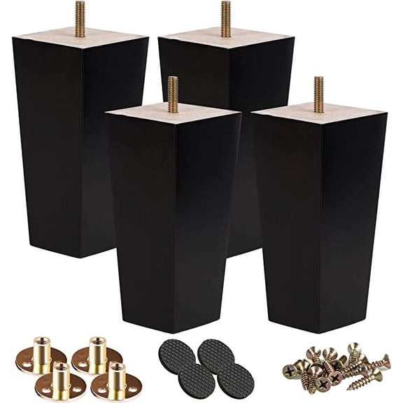 4 Inch / 10cm Solid Wood Furniture Legs, Btowin VCF 4Pcs Black Mid-Century Modern Wooden Pyramid Replacement Feet with Threaded 5/16''Hanger Bolts & Mounting Plate & Screws for Sofa Couch Chair