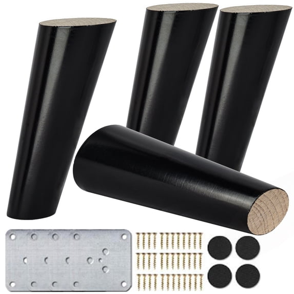 4 Inch / 10cm Solid Wood Round Furniture Legs, Btowin VCF 4Pcs Mid-Century Black Oblique Tapered Walnut DIY Replacement Feet with & Mounting Plate & Screws for Sofa Armchair Cabinet TV Stand