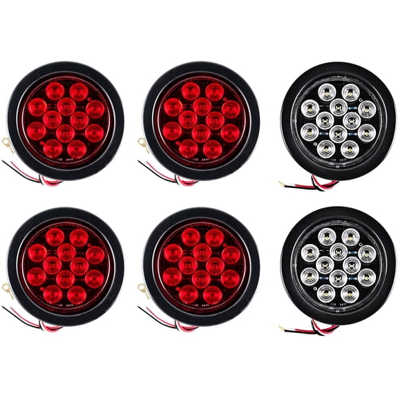 4" Inch 12 LED Round Stop/Backup/Reverse Truck Tail Light Kit - 4 Red + 2 White