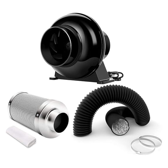 4 Inch 195 CFM Inline Fan Circulation Vent Blower, Air Carbon Filter and 8 Feet Flexible Ducting for Grow Tent Ventilation, Exhaust, HVAC Heating Cooling