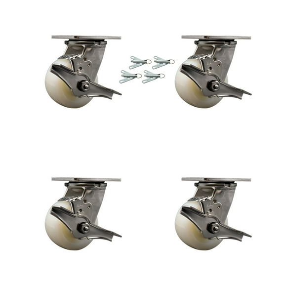 4 Inch 316 Stainless Steel Nylon Caster Set w/Roller Bearings& Brake/Swivel Lock