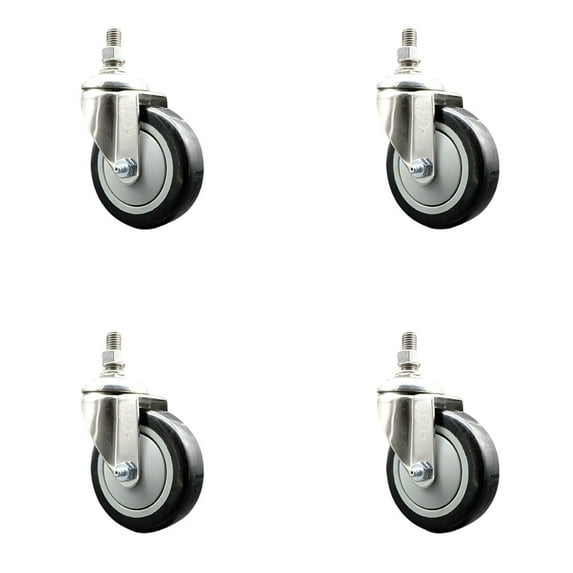 4 Inch 316SS Black Polyurethane Wheel Swivel 10mm Threaded Stem Caster Set