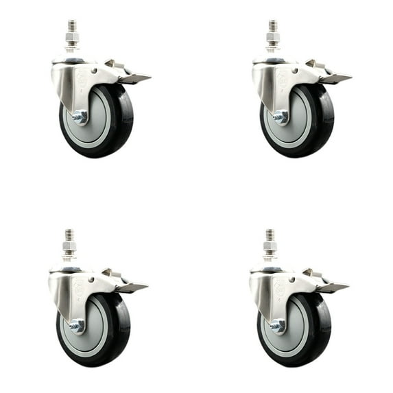 4 Inch 316SS Black Polyurethane Wheel Swivel 12mm Stem Caster Set Lock Brake