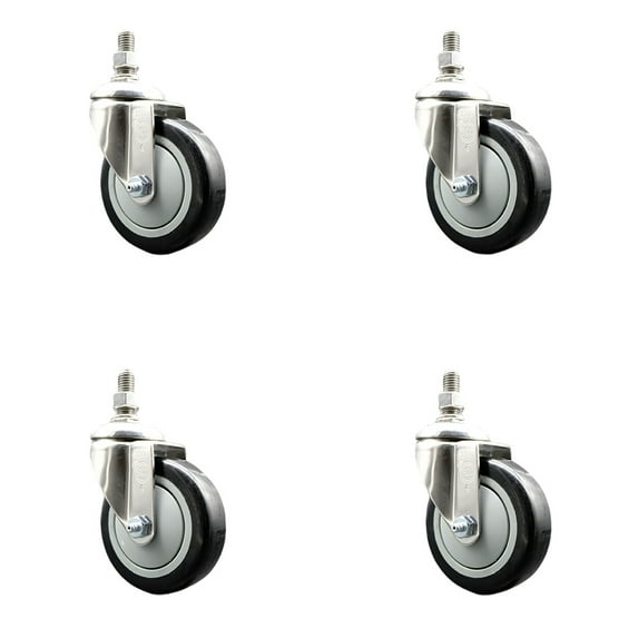 4 Inch 316SS Black Polyurethane Wheel Swivel ½ Inch Threaded Stem Caster Set SCC