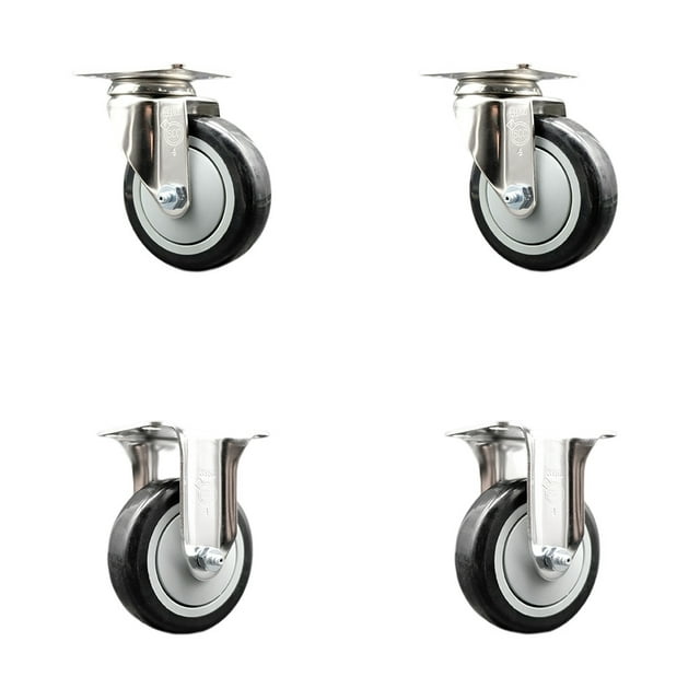 4 Inch 316SS Black Polyurethane Wheel Swivel Top Plate Caster Set 2 Rigid SCC