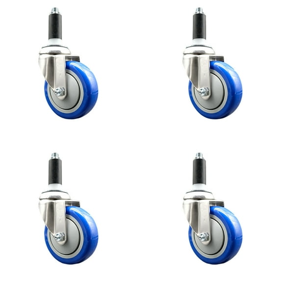 4 Inch 316SS Blue Polyurethane Swivel 1 Inch Expanding Stem Caster Set SCC