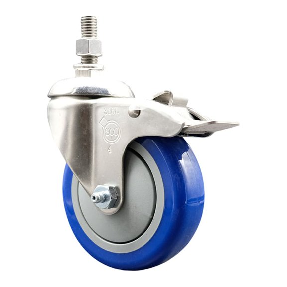 4 Inch 316SS Blue Polyurethane Swivel 12mm Stem Caster Total Lock Brake SCC