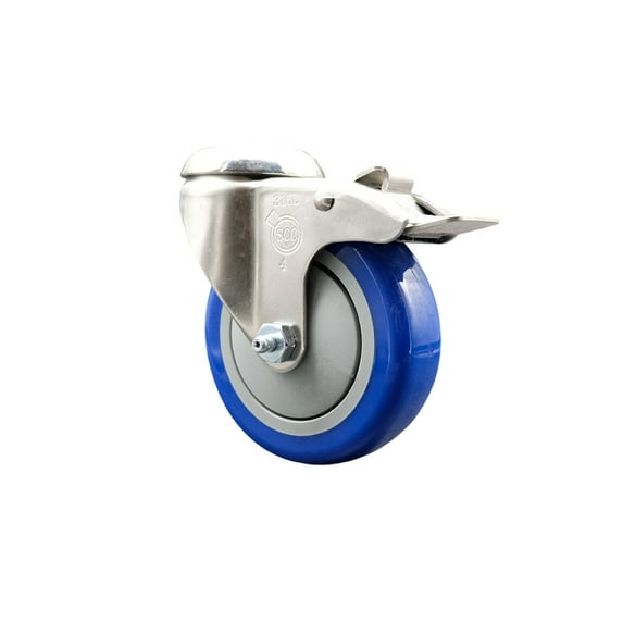 4 Inch 316SS Blue Polyurethane Swivel Bolt Hole Caster with Total Lock Brake