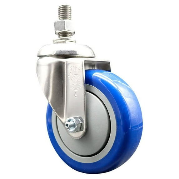 4 Inch 316SS Blue Polyurethane Wheel Swivel 10mm Threaded Stem Caster SCC